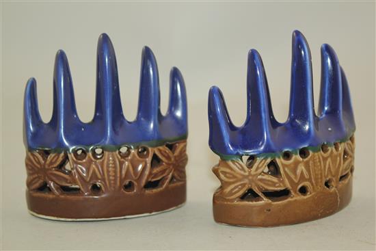 A pair of Chinese blue and cafe au lait glazed mountain peak brush rests, 18th century, height 9cm